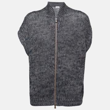 Pre Owned Brunello Cucinelli Blue Lurex Linen Knit Zip Up Cardigan L