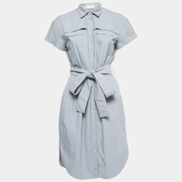 Pre Owned Brunello Cucinelli Grey Cotton Belted Midi Shirt Dress S