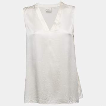Pre Owned Brunello Cucinelli Cream Satin Silk V-Neck Sleeveless Blouse L