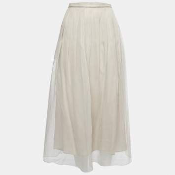 Pre Owned Brunello Cucinelli Beige Silk Pleated Midi Skirt M