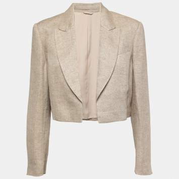 Pre Owned Brunello Cucinelli Beige Metallic Linen Open Cropped Blazer M