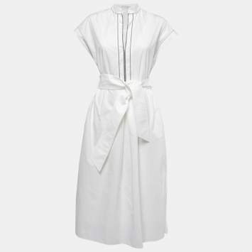Pre Owned Brunello Cucinelli  White Cotton Embellished Tunic Dress XS