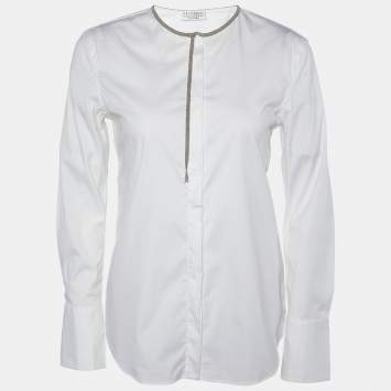 Pre Owned Brunello Cucinelli White Cotton Monili Detail Collarless Shirt S