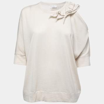 Pre Owned Brunello Cucinelli Cream Cashmere & Silk Ruffled Cut-out Sweater L