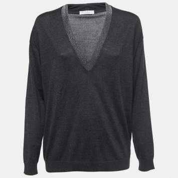 Pre Owned Brunello Cucinelli Charcoal Grey Cashmere Bead Embellished V-Neck Sweater L