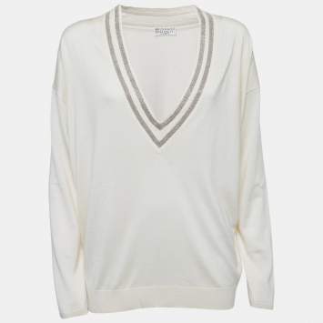 Pre Owned Brunello Cucinelli White Cashmere Embellished V-Neck Jumper L