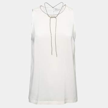 مملوكة مسبقًا Brunello Cucinelli White Silk Beaded Strings Sleeveless Top XL