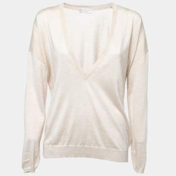 Pre Owned Brunello Cucinelli Beige Cashmere & Silk Deep V-Neck Layering Sweater XL