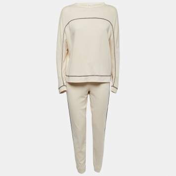 Pre Owned Brunello Cucinelli Cream Stretch Cotton Top & Joggers Set M