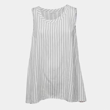 Pre Owned Brunello Cucinelli Off White Striped Sleeveless A-Line Blouse M