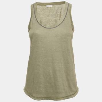 Pre Owned Brunello Cucinelli Green Linen Blend Beaded Sleeveless Top XS