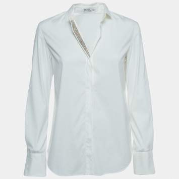 Pre Owned Brunello Cucinelli Off White Embellished Cotton Blend Button Front Shirt XS