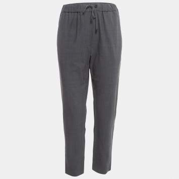 Pre Owned Brunello Cucinelli Grey Wool Blend Side Stripe Detailed Drawstring Trousers M