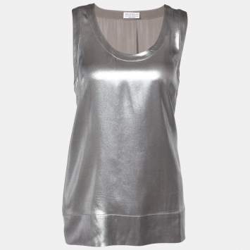 Pre Owned Brunello Cucinelli Silver Metallic Silk Tank Top L
