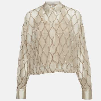 Pre Owned Brunello Cucinelli Beige Argyle Sequined Silk Shirt M
