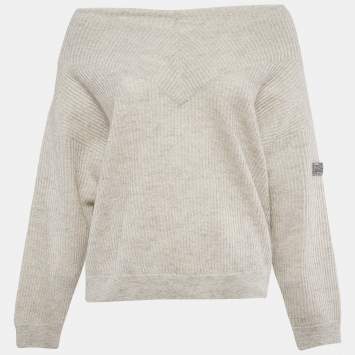 Pre Owned Brunello Cucinelli Grey Applique Lurex Knit V-Neck Sweater XS