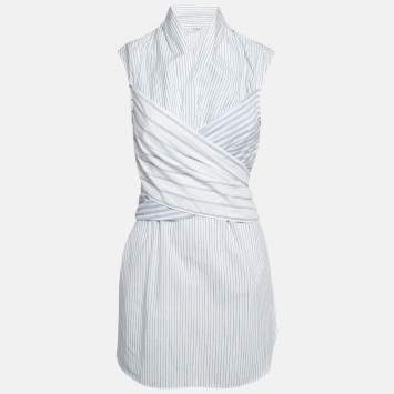 Pre Owned Brunello Cucinelli White/Blue Pinstripe Cotton Draped Sleeveless Blouse M