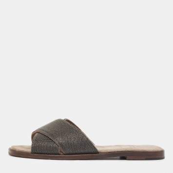 Pre Owned Brunello Cucinelli Metallic Beaded Suede Flat Slides Size 40.5