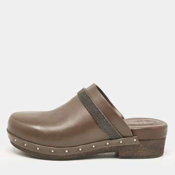 Pre Owned Brunello Cucinelli Dark Brown Leather Platform Clogs Size 39