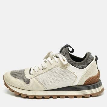 Pre Owned Brunello Cucinelli Grey/White Suede and Mesh Low Top Sneakers Size 39