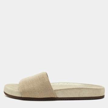 Brunello Cucinelli Gold Metal and Suede Flat Slides Size 40