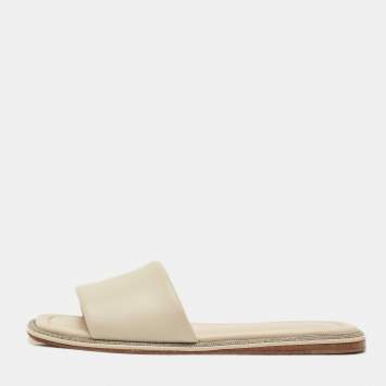 Pre Owned Brunello Cucinelli Grey Leather Square Toe Flat Slide Size 38