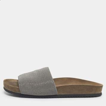 Pre Owned Brunello Cucinelli Silver Metal and Suede Monili Flat Slides Size 38