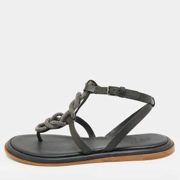 Pre Owned Brunello Cucinelli Black Leather Beads Knot T-Strap Flat Sandals Size 38