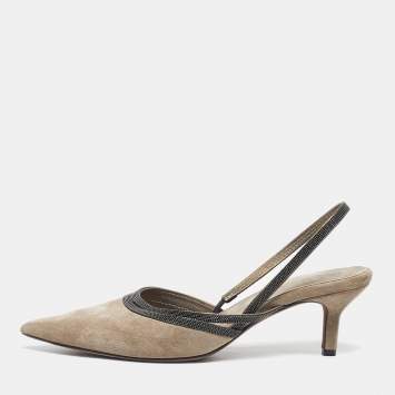 مملوكة مسبقًا Brunello Cucinelli Size 38 Grey Suede Embellishment Slingback Pumps