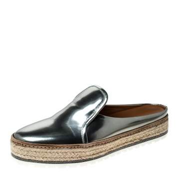Pre Owned Brunello Cucinelli Metallic Silver Leather Espadrille Mules Size 40