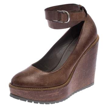Pre Owned Brunello Cucinelli Brown Textured Leather Ankle Strap Platform Wedge Pumps Size 38
