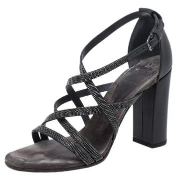 Pre Owned Brunello Cucinelli Metallic Grey Bead And Leather Strappy Sandals Size 36
