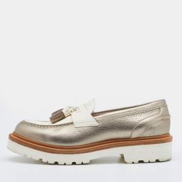 Pre Owned Brunello Cucinelli Silver/White Leather Tassel Platform Slip On Loafers Size 36