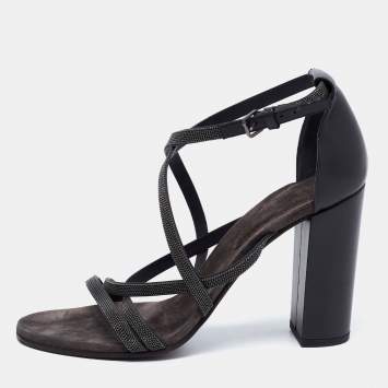 Pre Owned Brunello Cucinelli Grey Leather Embellished Cross Strap Block Heel Sandals Size 39