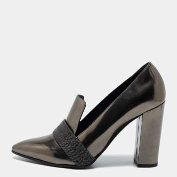 Pre Owned Brunello Cucinelli Metallic Patent Block Heel Pumps Size 39