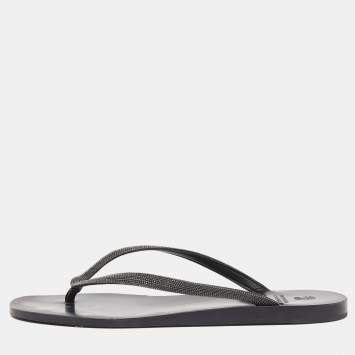 Pre Owned Brunello Cucinelli Black Glitter Monili Thong Slide Flat Size 40