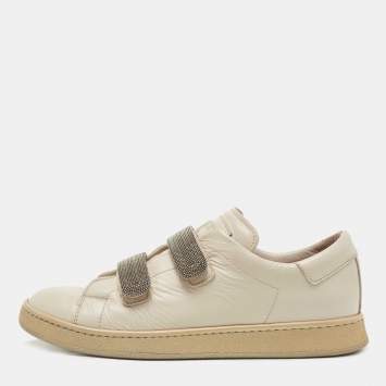 Pre Owned Brunello Cucinelli Cream Leather Velcro Strap Low Top Sneakers Size 37