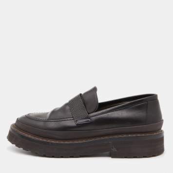 Pre Owned Brunello Cucinelli Dark Brown Leather Bead Embellished Loafers Size 40
