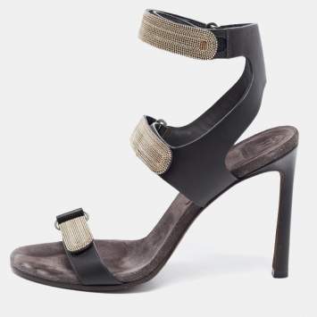 Pre Owned Brunello Cucinelli Black Leather Embellished Ankle Strap Sandals Size 38