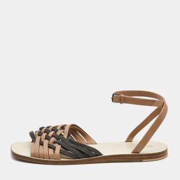 Pre Owned Brunello Cucinelli Brown/Black Leather And Glitter Crossover Ankle Strap Flat Sandals Size 37