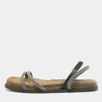 Pre Owned Brunello Cucinelli Black/Beige Leather and Crystal Embellished Slingback Flat Sandals Size 36