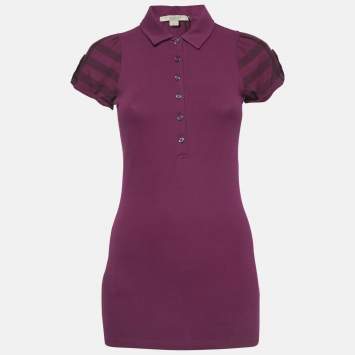 Burberry Brit Pink Pique Checked Puff Sleeve Polo T-Shirt S