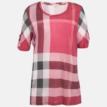 Pre Owned Burberry Brit Pink Plaid Modal Jersey Top L