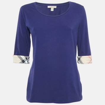Pre Owned Burberry Brit Blue Stretch Cotton Nova Check Trim T-Shirt L