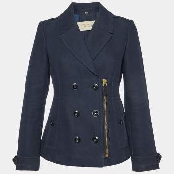 Pre Owned Burberry Brit Navy Blue Cotton Double Breasted Peacoat S