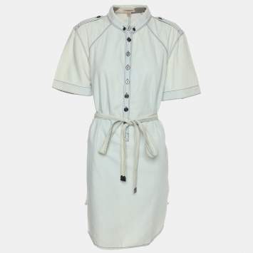 Pre Owned Burberry Brit Washed Blue Cotton Belted Dress L