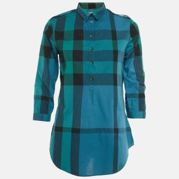 Pre Owned Burberry Brit Blue/Green Nova Check Print Cotton Top XS