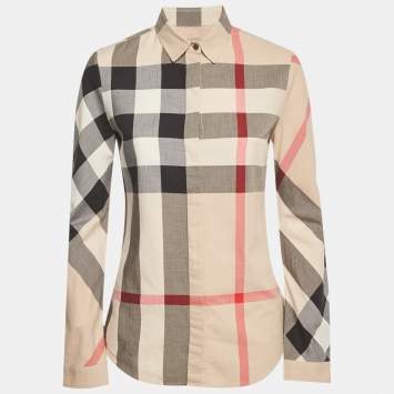 مملوكة مسبقًا Burberry Brit Beige Checkered Print Cotton Shirt S 
