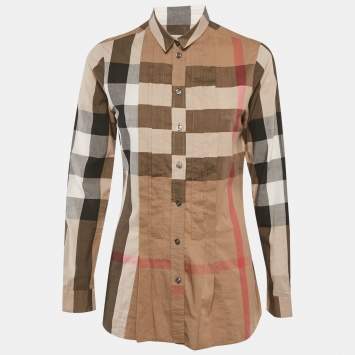 مملوكة مسبقًا Burberry Beige Checks Cotton Pink Tucks Shirt S