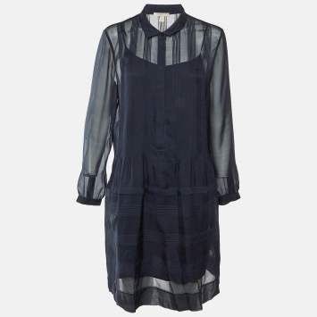 مملوكة مسبقًا Burberry Brit Midnight Blue Silk Pintucked Knee Length Dress L